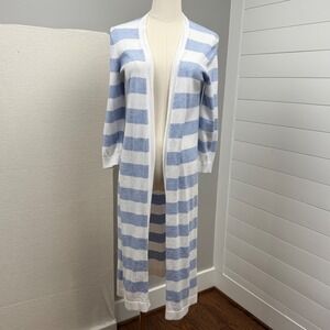 Talbots Duster Open Cardigan Pima Cotton Side Slits Striped Coastal Nautical XS